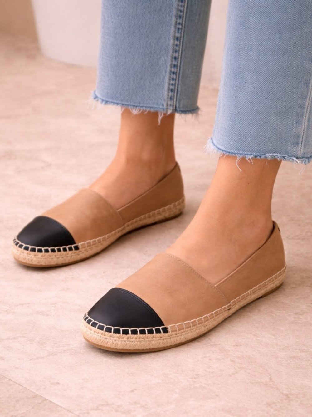 Sam Edelman Krissy Cap Toe Espadrille Flats Tan Black Leather Size 8